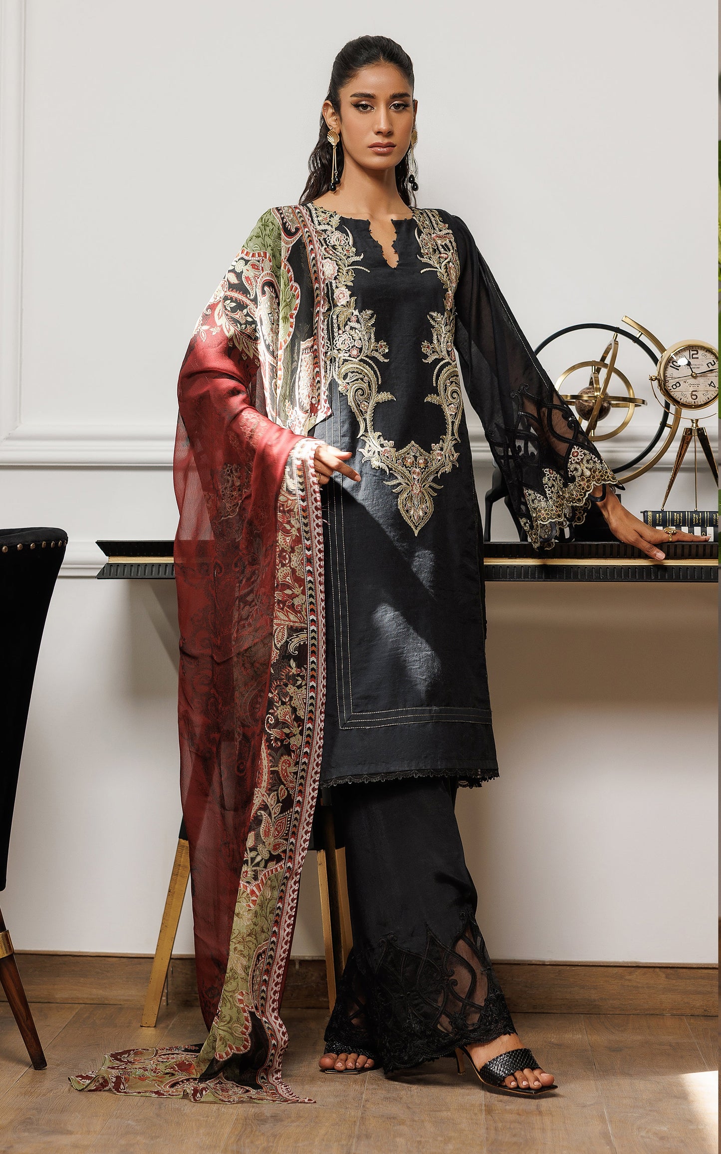 THREADS AND MOTIFS - Black embroidered with printed Dupatta