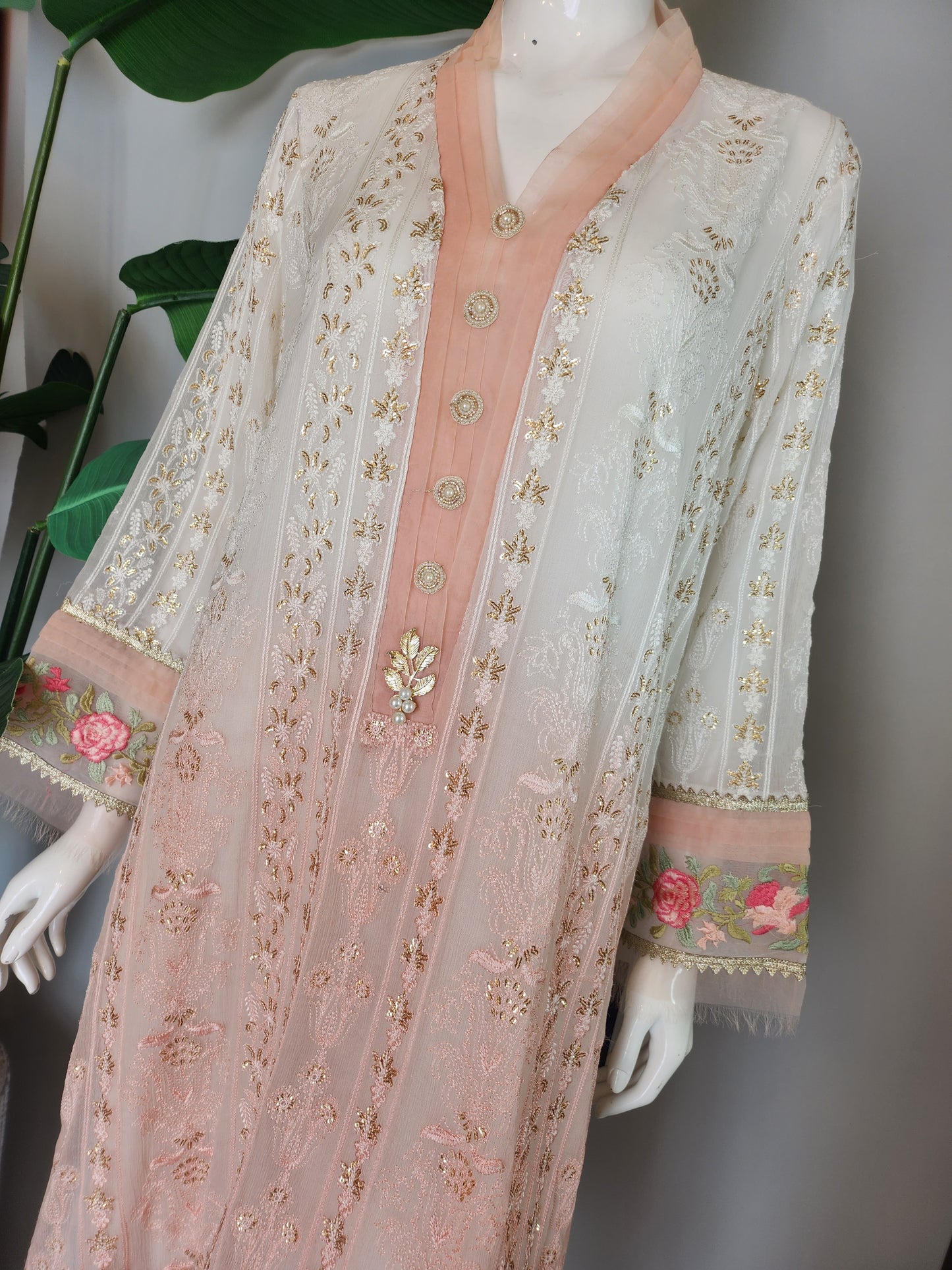 SADAF AHMAD - Light Peach Tie-dye chiffon with flower embroidery top + pant + dupatta