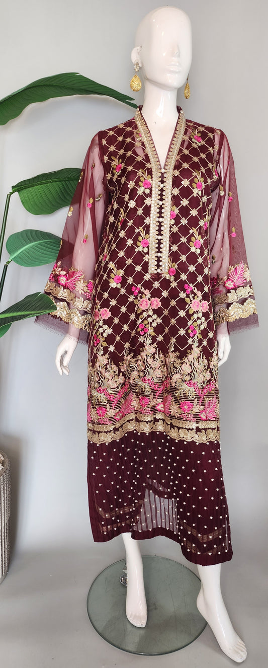 SADAF AHMAD - Maroon Organza Formal with pink flower embroidery and foil works top + pants +dupatta