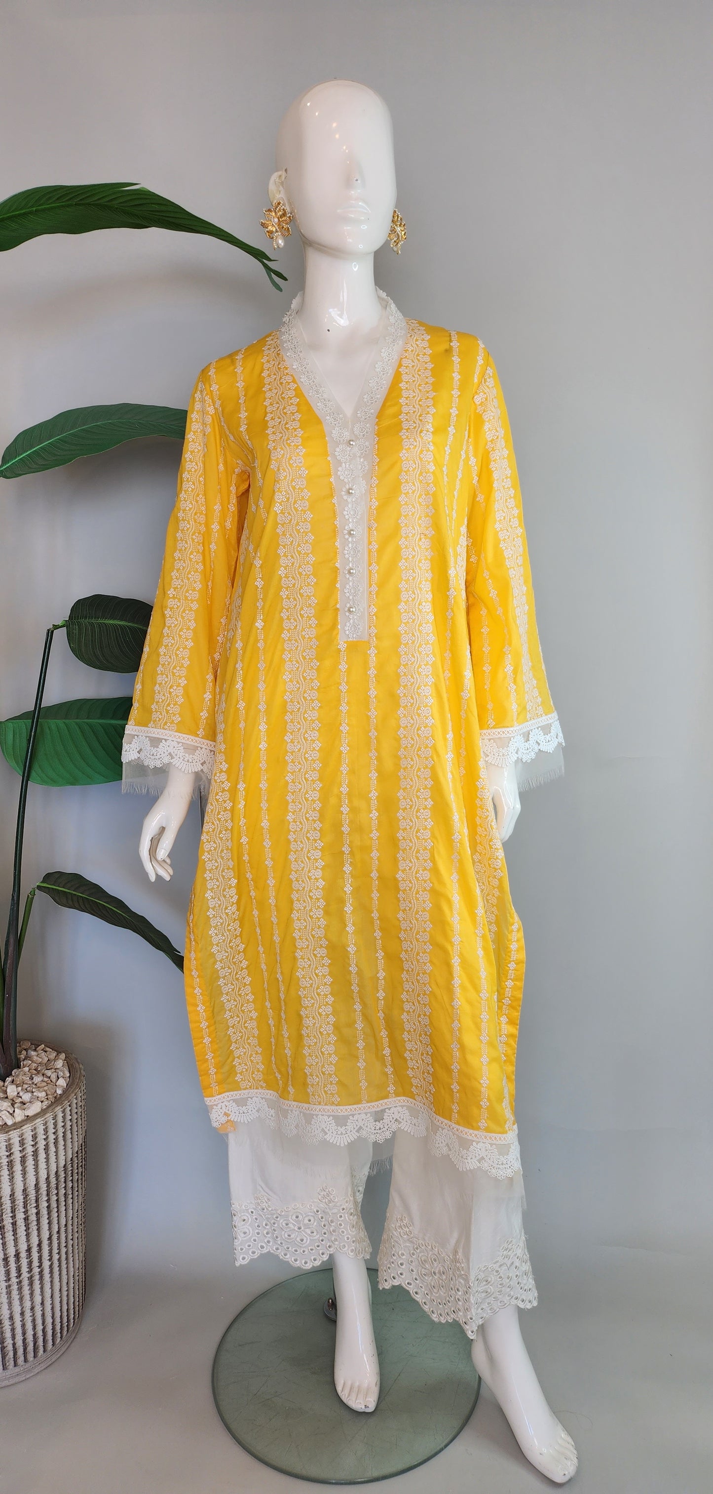 SADAF AHMAD - Bright Yellow Embroidered Cotton Kurta