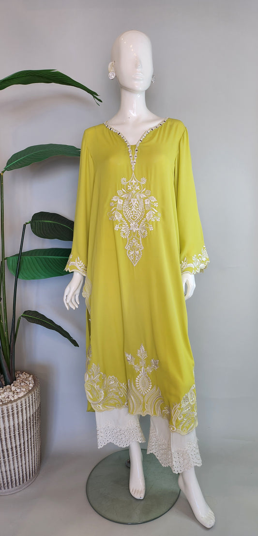 SADAF AHMAD - Lime Green Embroidered Kurta with mirror work