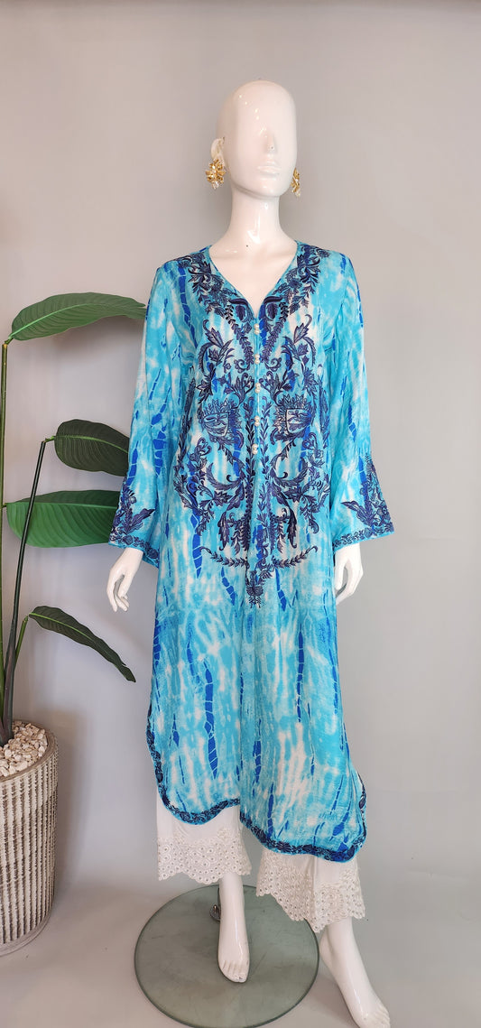 SADAF AHMAD - Blue Tie Dye Embroidered Kurta