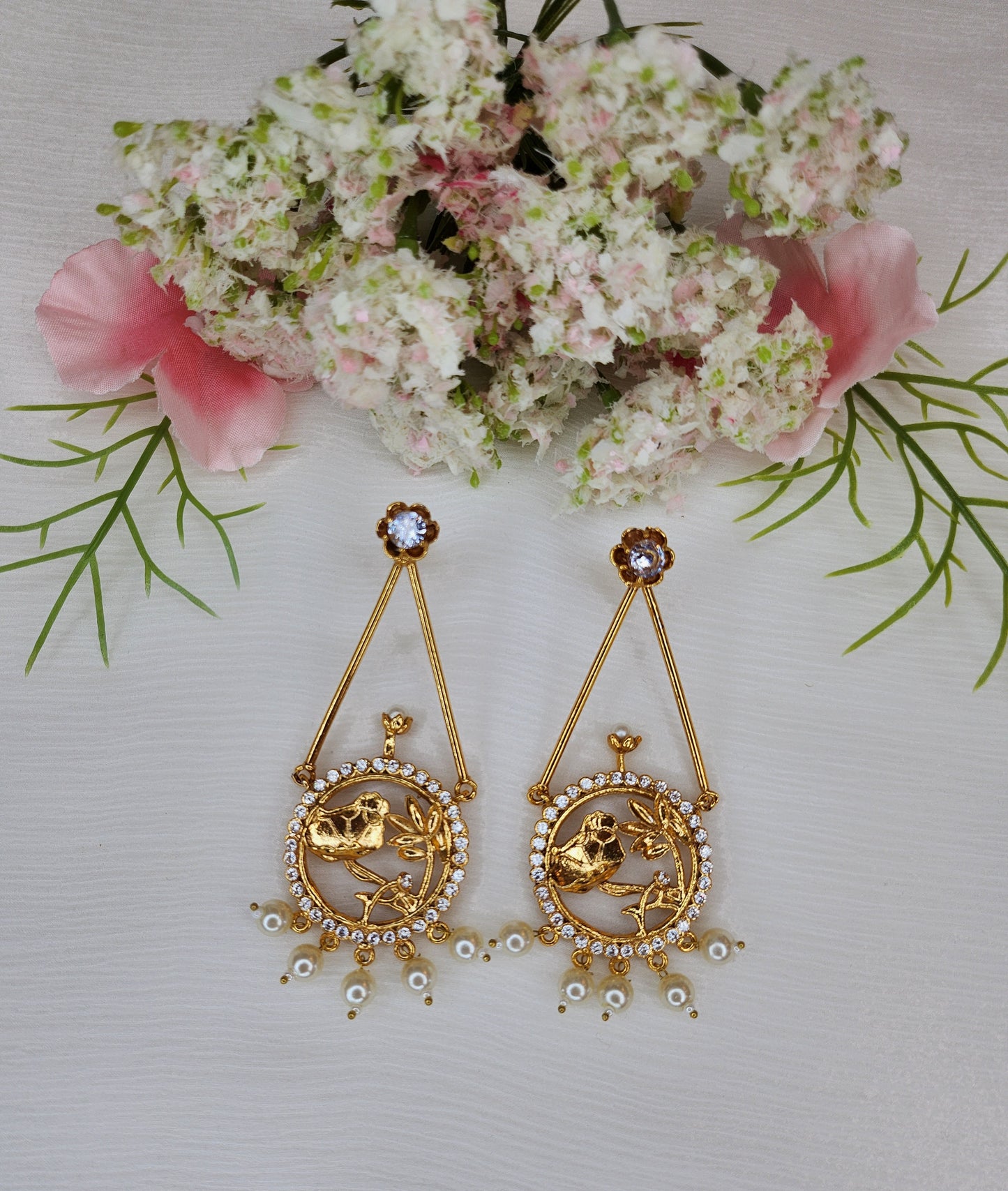 HAMSA JEWELRY - Triangular and Round with pearl Hanging Earrings