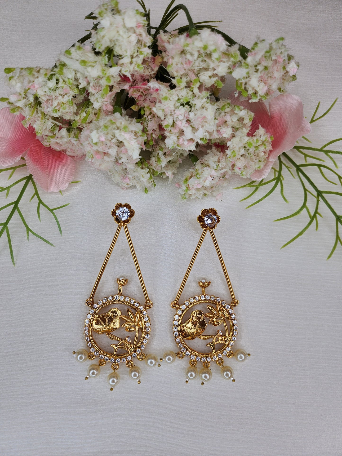 HAMSA JEWELRY - Triangular and Round with pearl Hanging Earrings