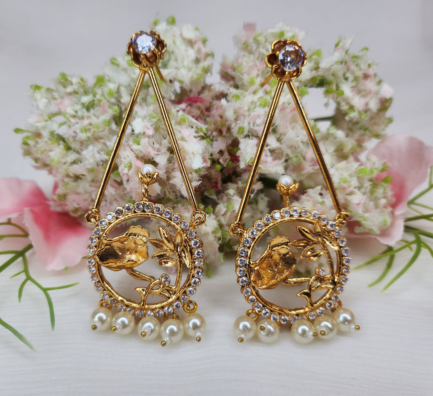 HAMSA JEWELRY - Triangular and Round with pearl Hanging Earrings