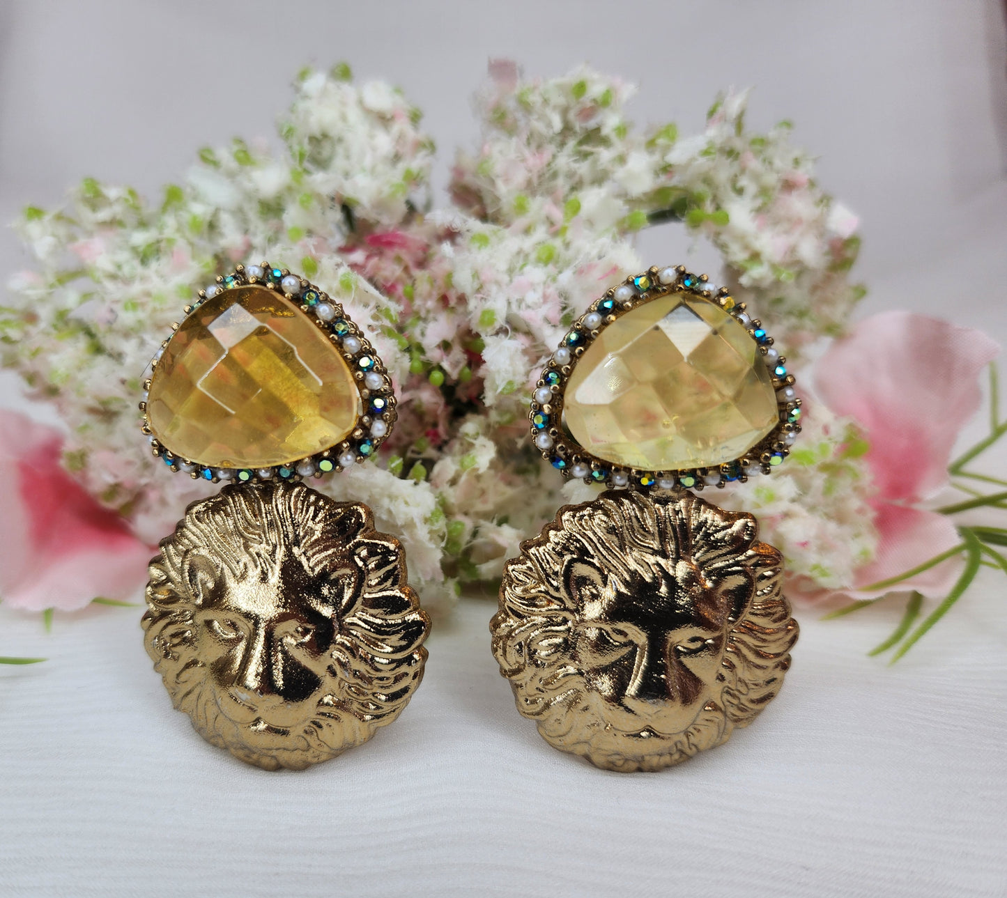 HAMSA JEWELRY -  Gold plated Lion head with Light yellow gemstone earrings