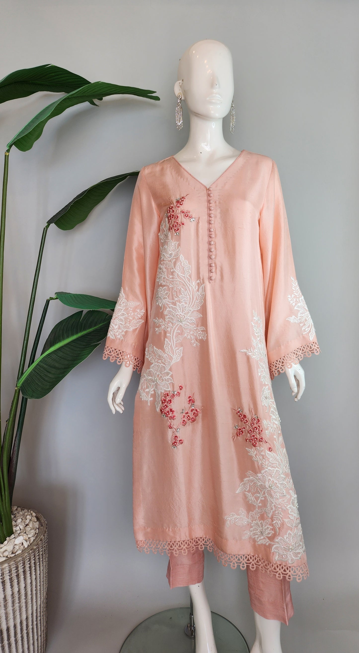 AYESHA MAHMOOD - Peach Raw Silk Embroidered Suit