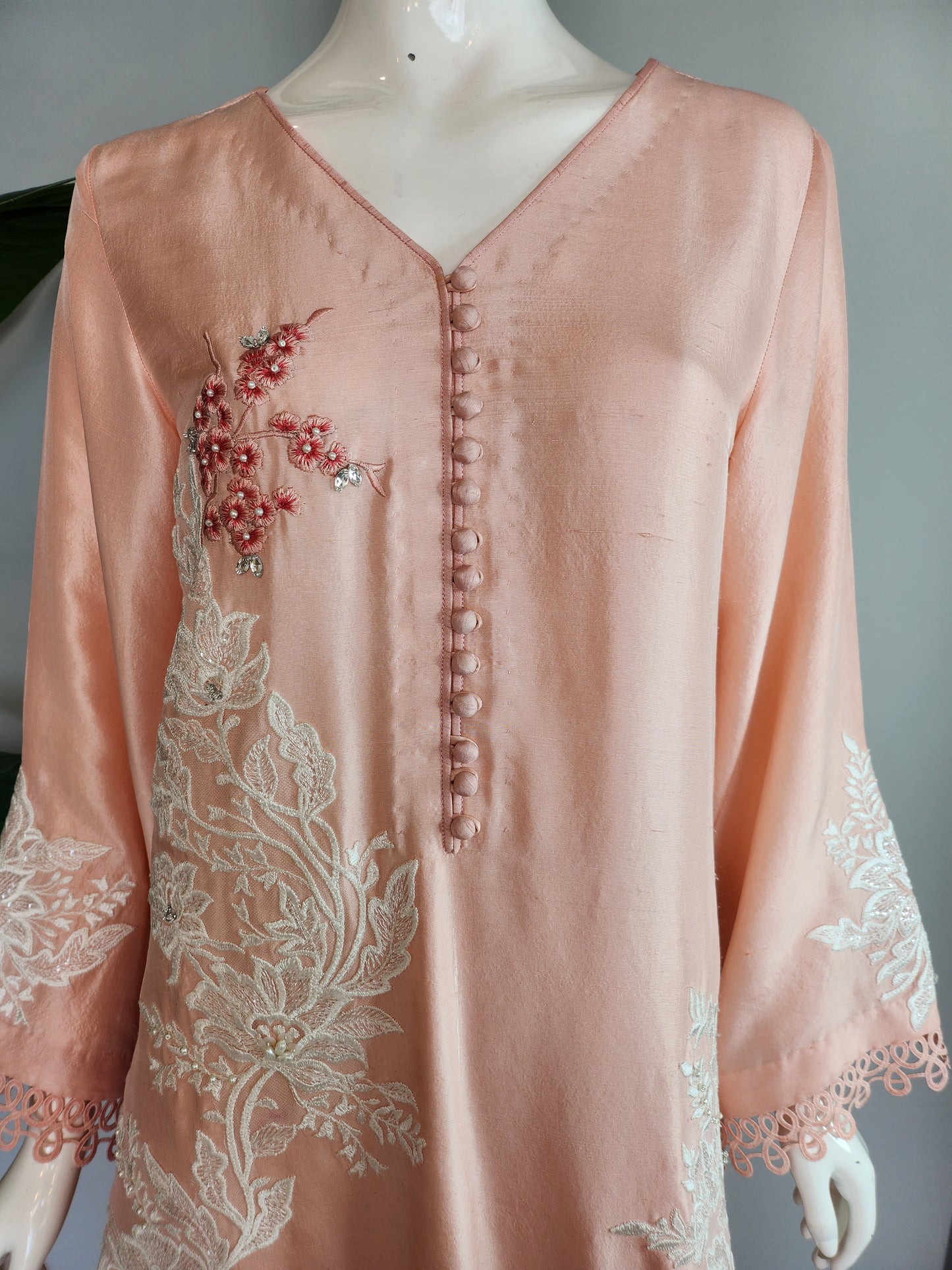 AYESHA MAHMOOD - Peach Raw Silk Embroidered Suit