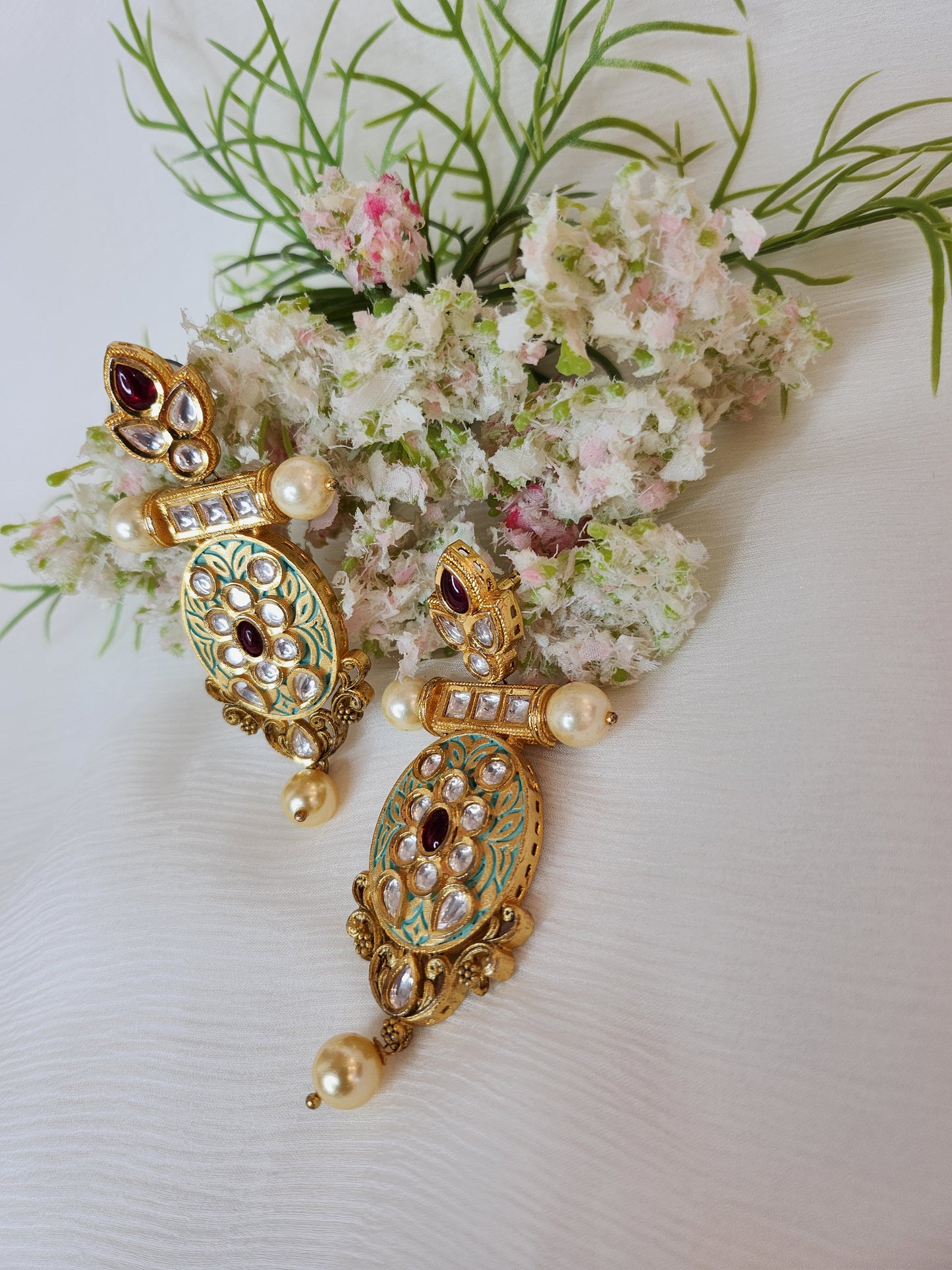 VIVINIA JEWELRY - Gold Finish Kundan and Red Stone Dangler Earrings