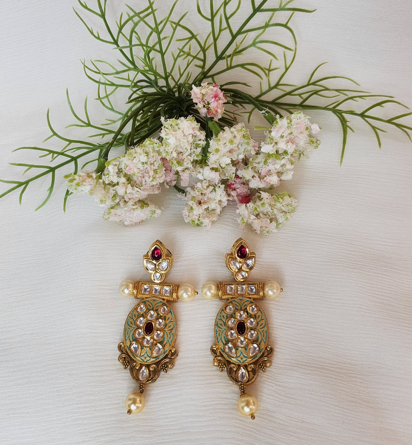 VIVINIA JEWELRY - Gold Finish Kundan and Red Stone Dangler Earrings