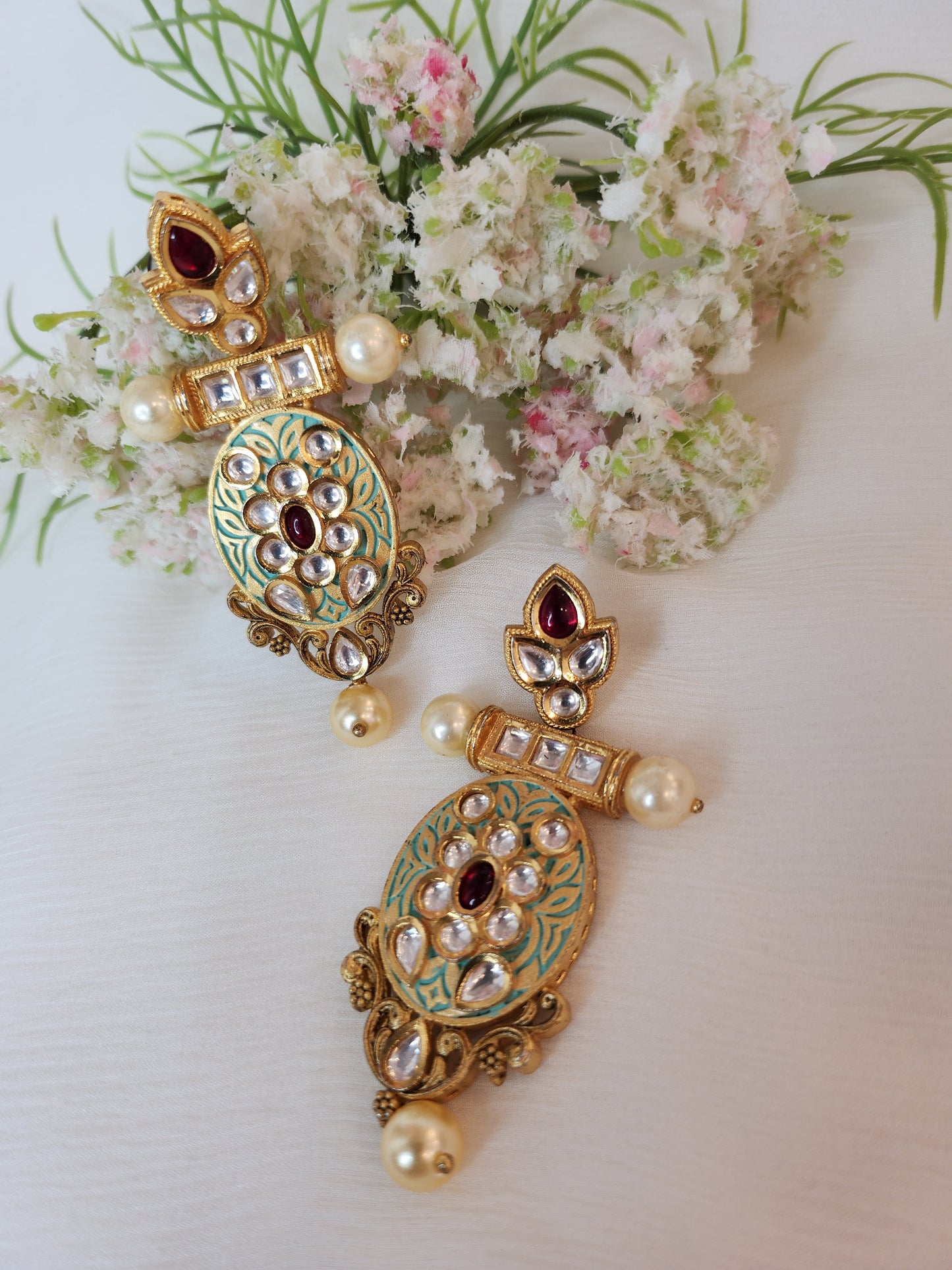 VIVINIA JEWELRY - Gold Finish Kundan and Red Stone Dangler Earrings