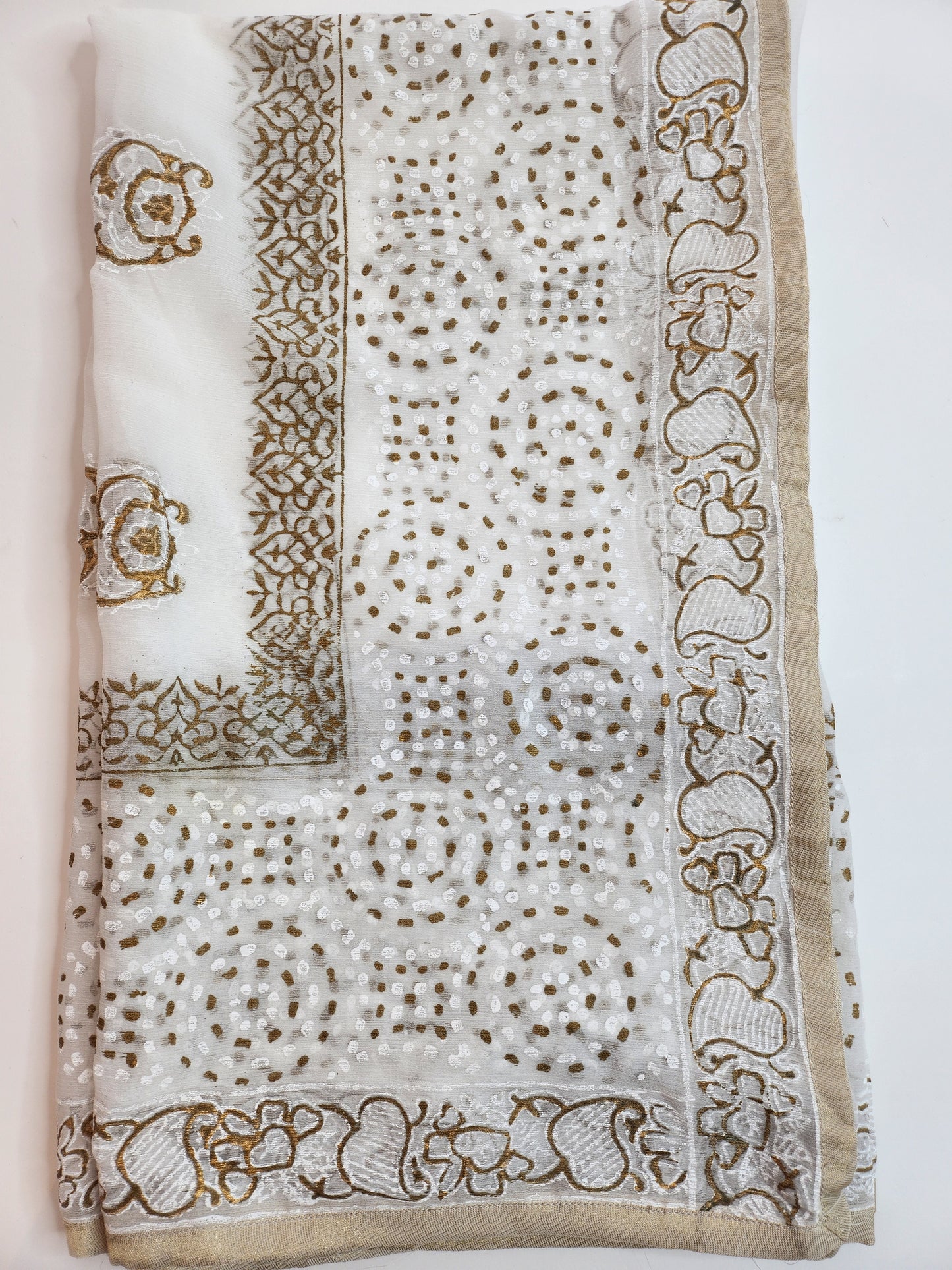 SABEEN MANEKIA- White and Gold block print Dupatta