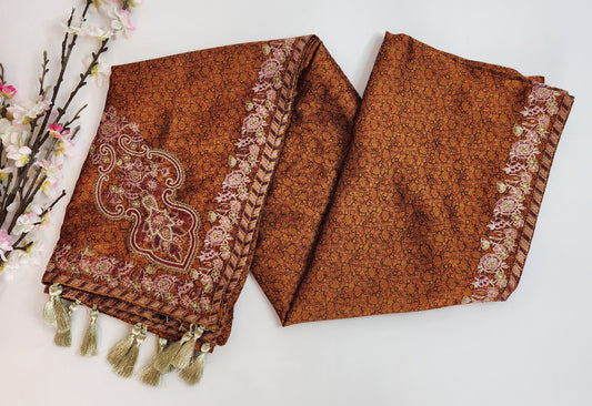 SABEEN MANEKIA - Tangerine Jamawar Shawl with embroidery and tassels