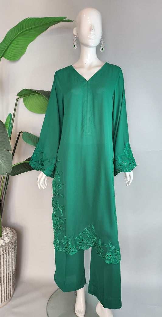 AYESHA MAHMOOD - Emerald Green georgette with Cutwork