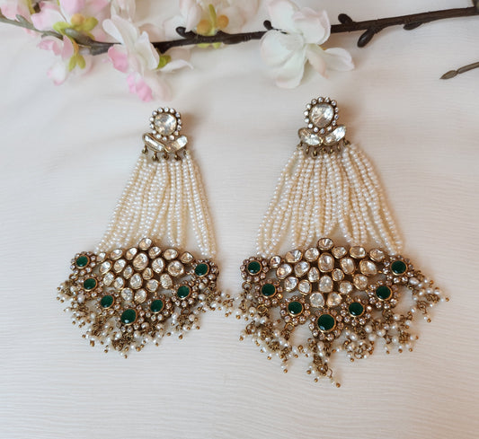 VINANTI MANJI JEWELRY - Kundan and Green Stone hang in fresh water pearls earrings.