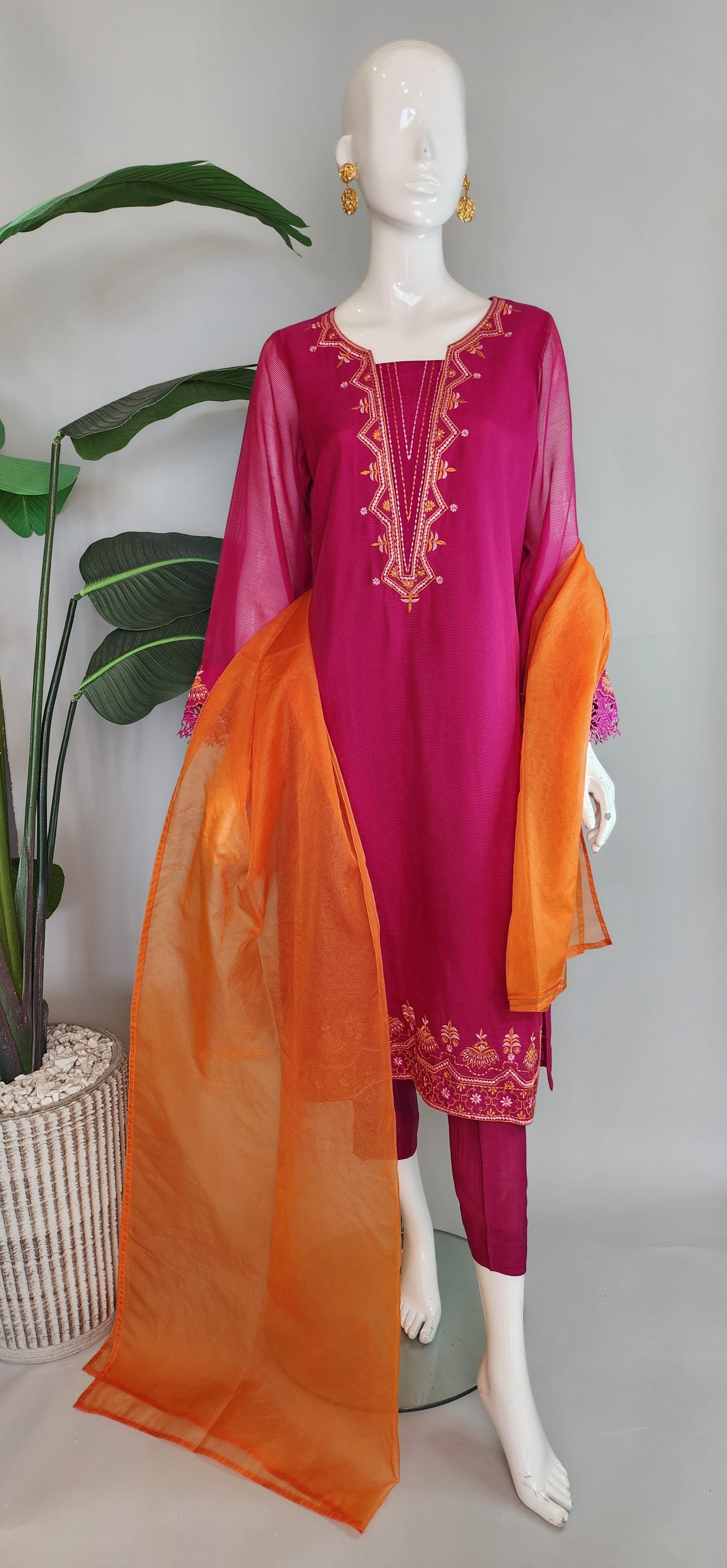 AISHA AHMED - Magenta Pink with Orange Dupatta