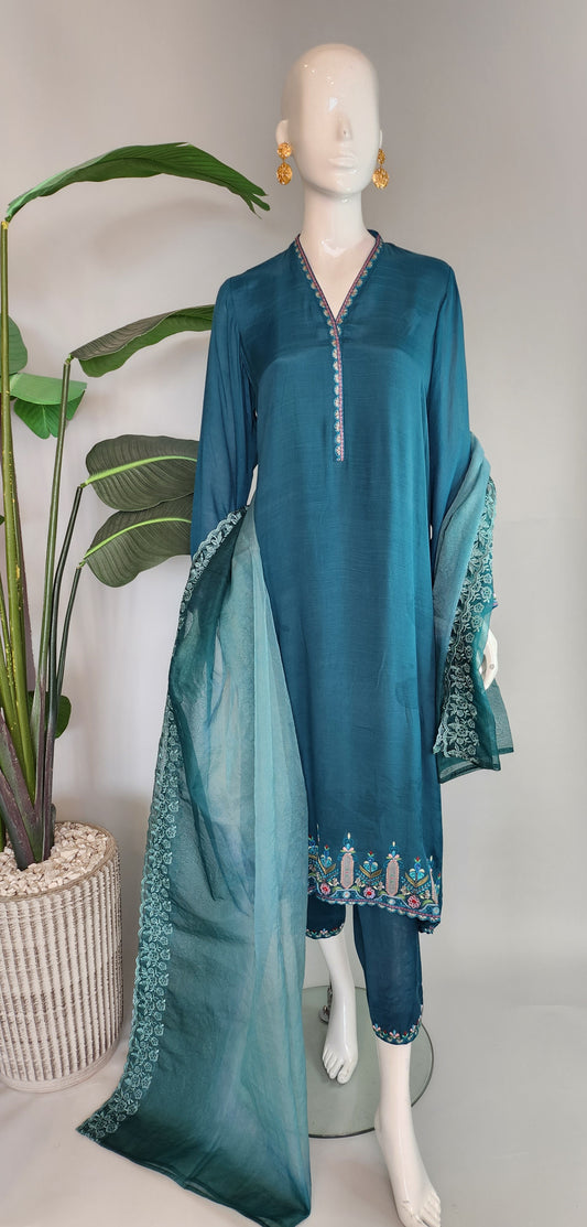 AISHA AHMED - teal raw silk hand embro 3pc