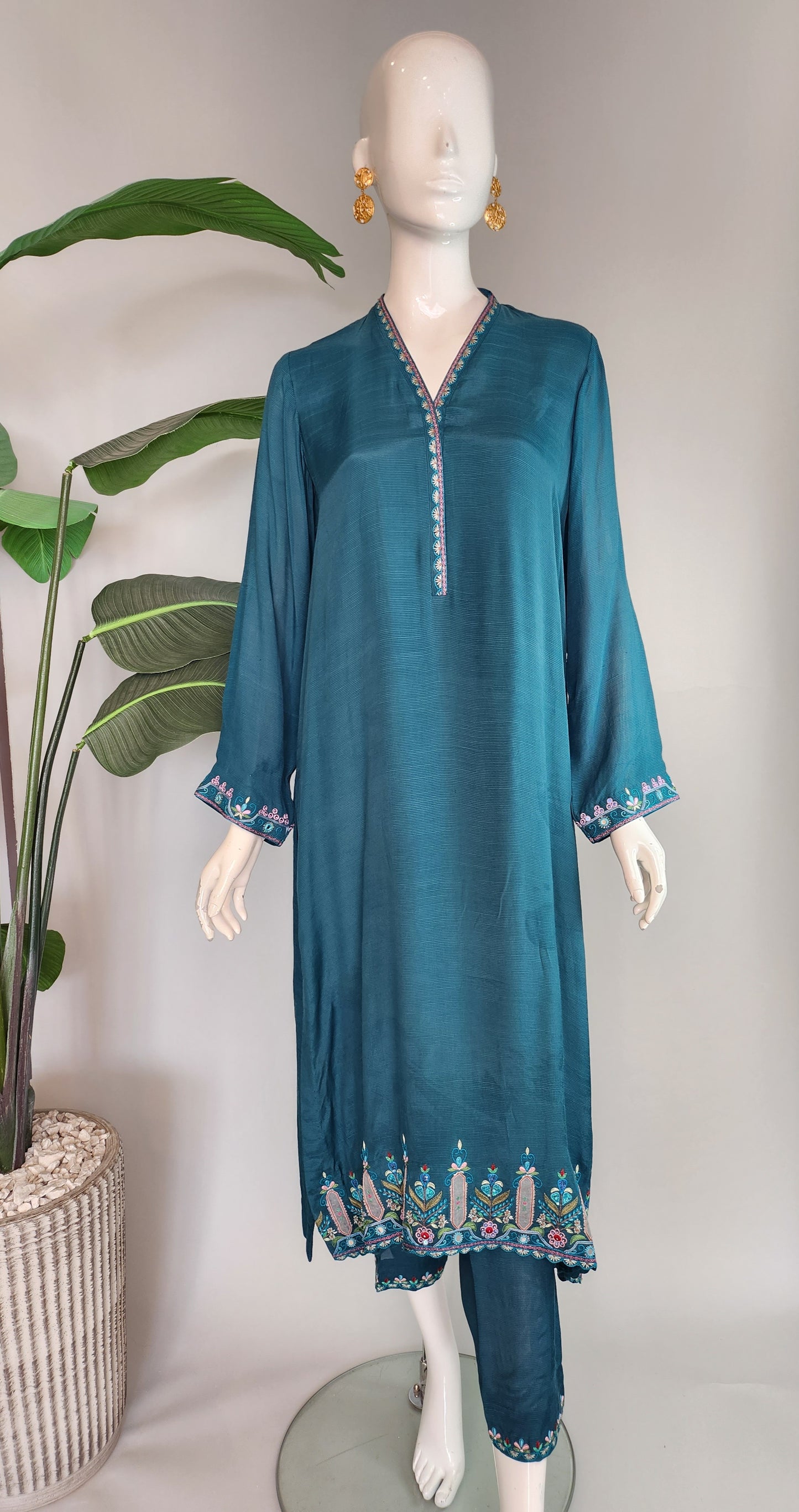 AISHA AHMED - teal raw silk hand embro 3pc