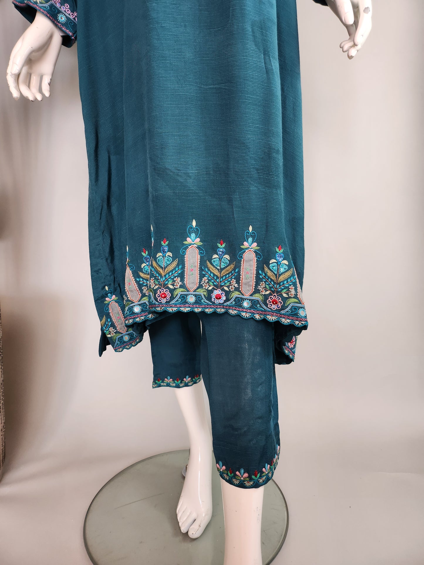 AISHA AHMED - teal raw silk hand embro 3pc