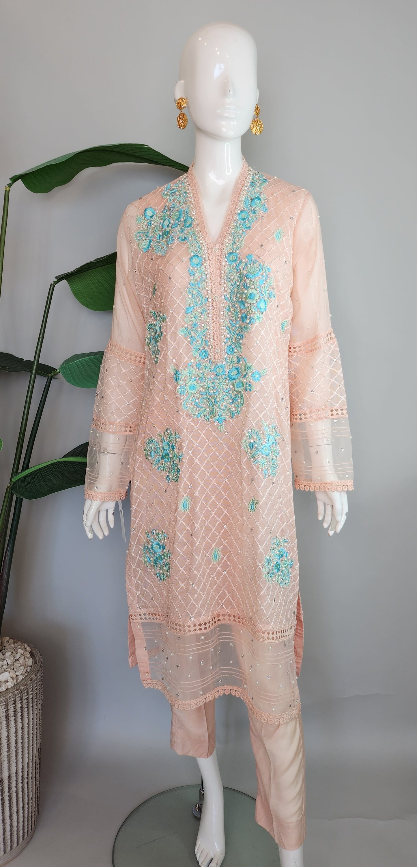 SABEEN MANEKIA - Peach Blue Green Embroidery Cotton Net