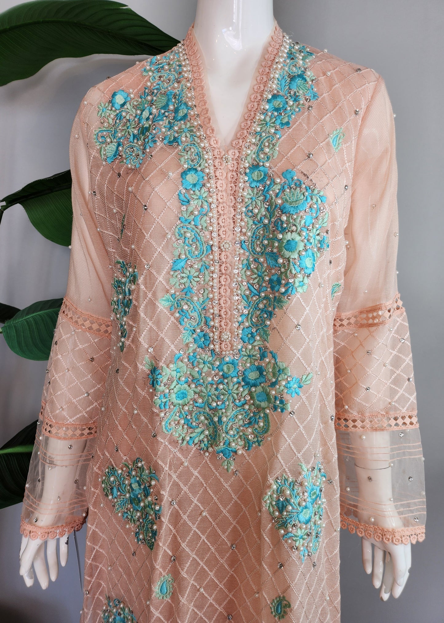 SABEEN MANEKIA - Peach Blue Green Embroidery Cotton Net