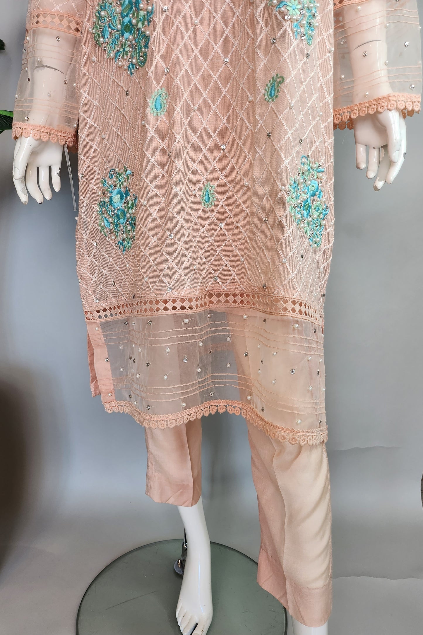 SABEEN MANEKIA - Peach Blue Green Embroidery Cotton Net