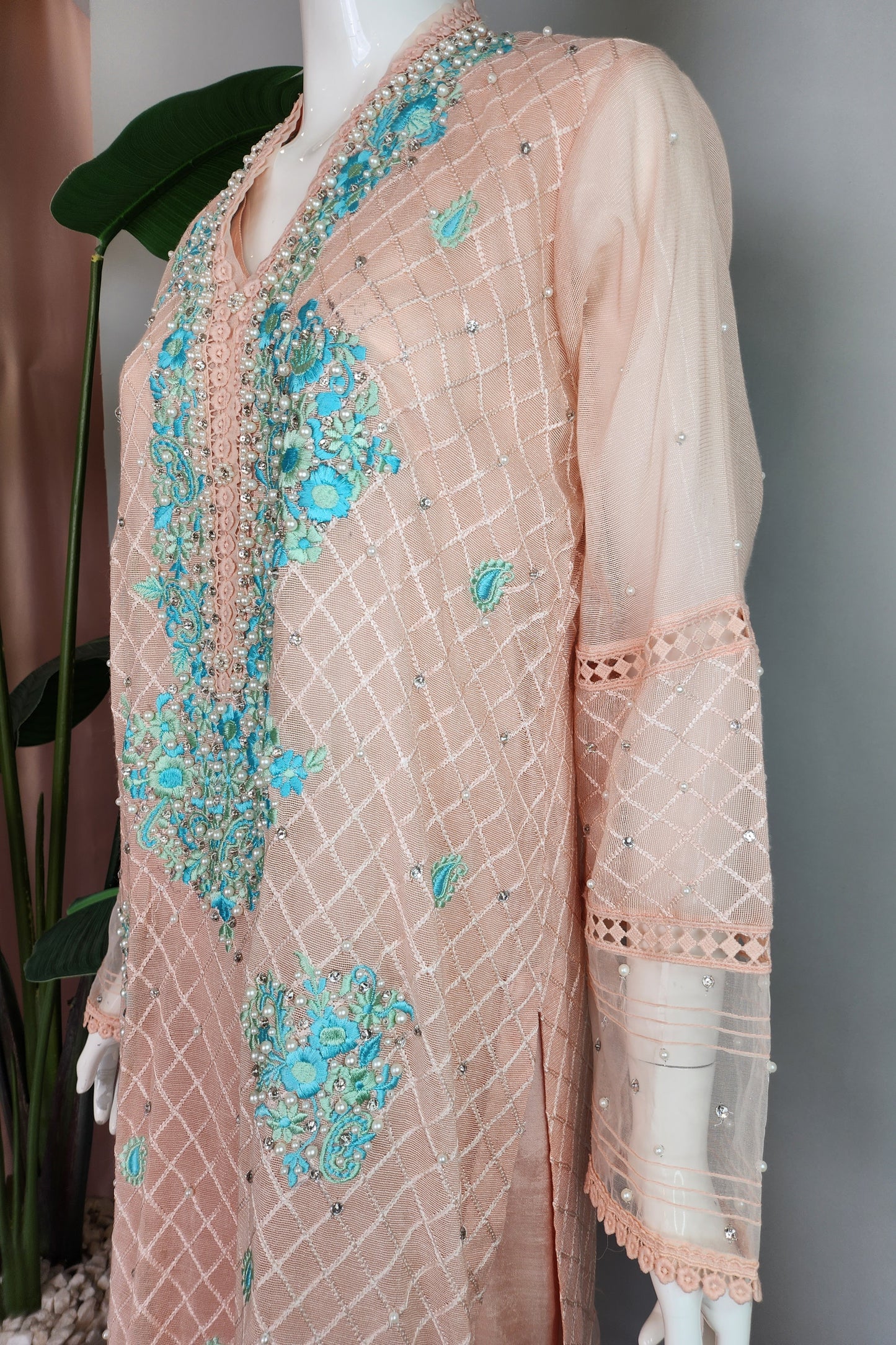 SABEEN MANEKIA - Peach Blue Green Embroidery Cotton Net