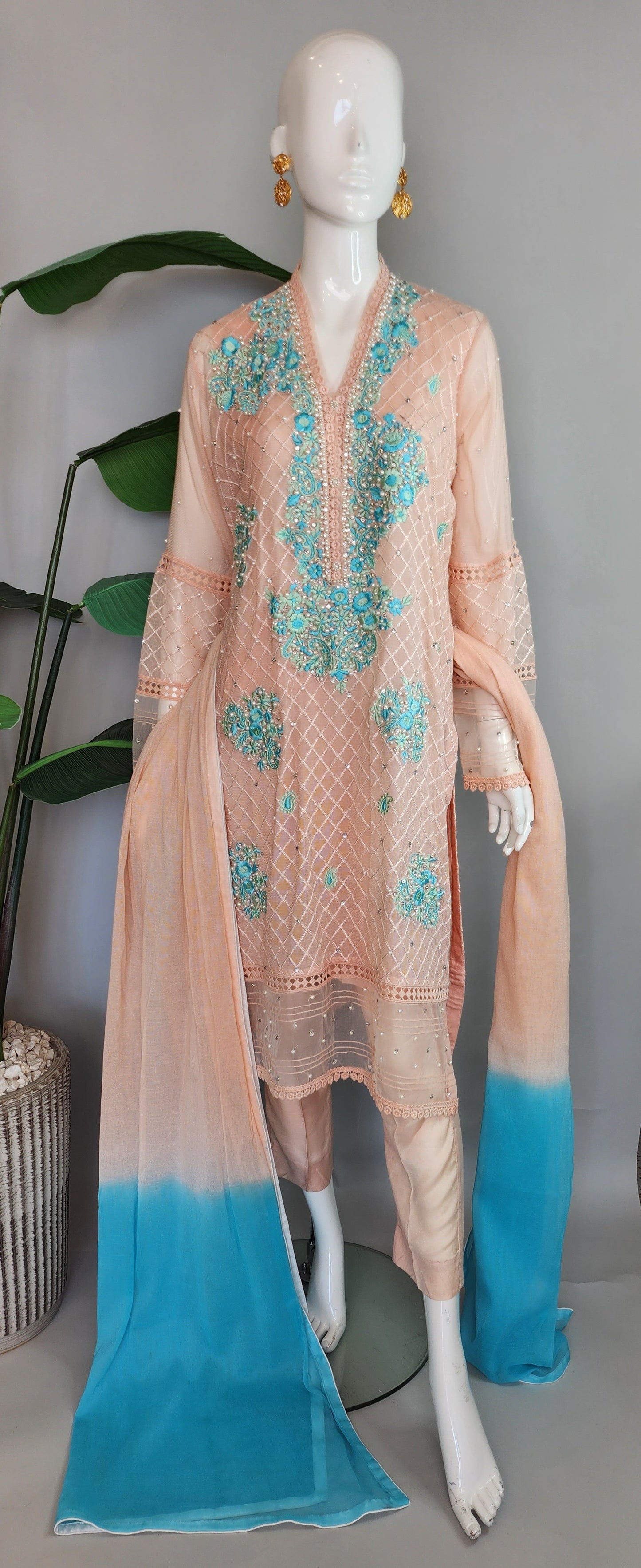 SABEEN MANEKIA - Peach Blue Green Embroidery Cotton Net