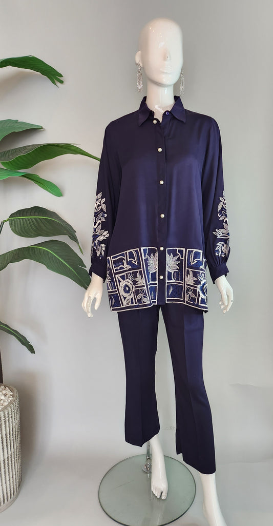 MADEHA KHURRAM - Midnight Blue Collared Button Down Coord Set