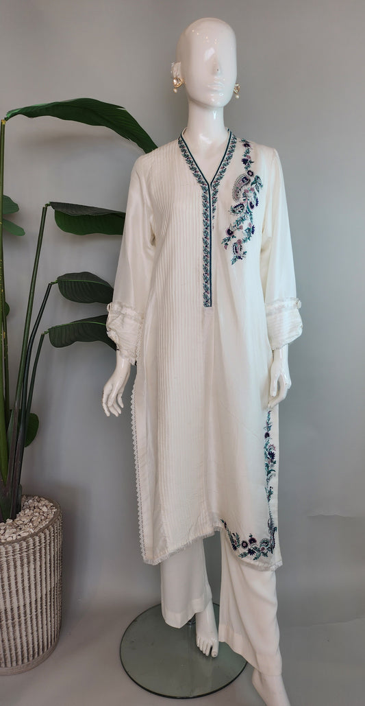 AMBREEN FARRUKH - White Embroidered