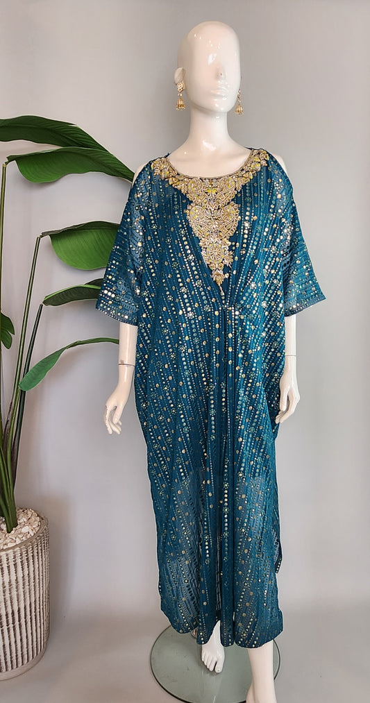 HOUSE OF REINA - Teal Chikan Kari Kaftan