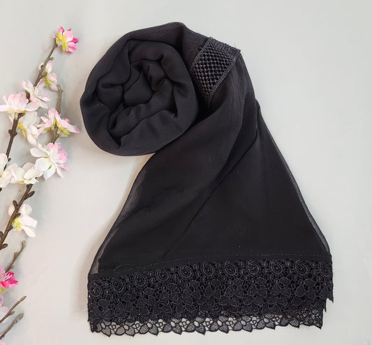 Sabeen Manekia - Black Chiffon Dupatta with lace border