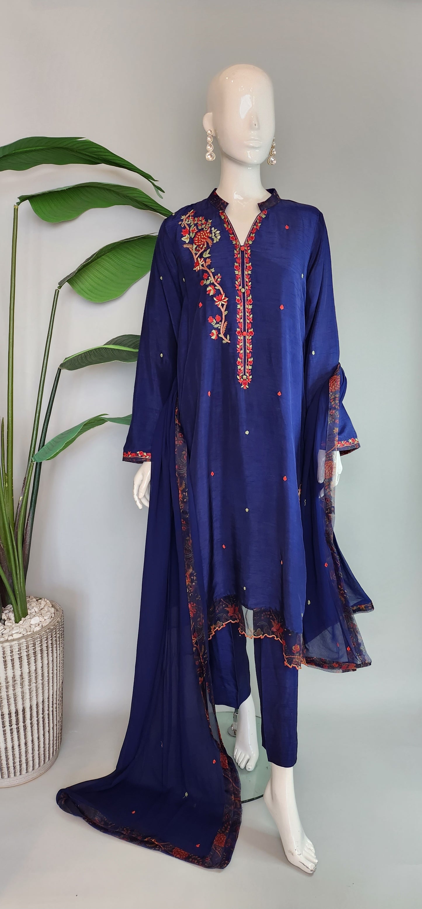 SABEEN MANEKIA - Navy Blue with Printed organza embroidery