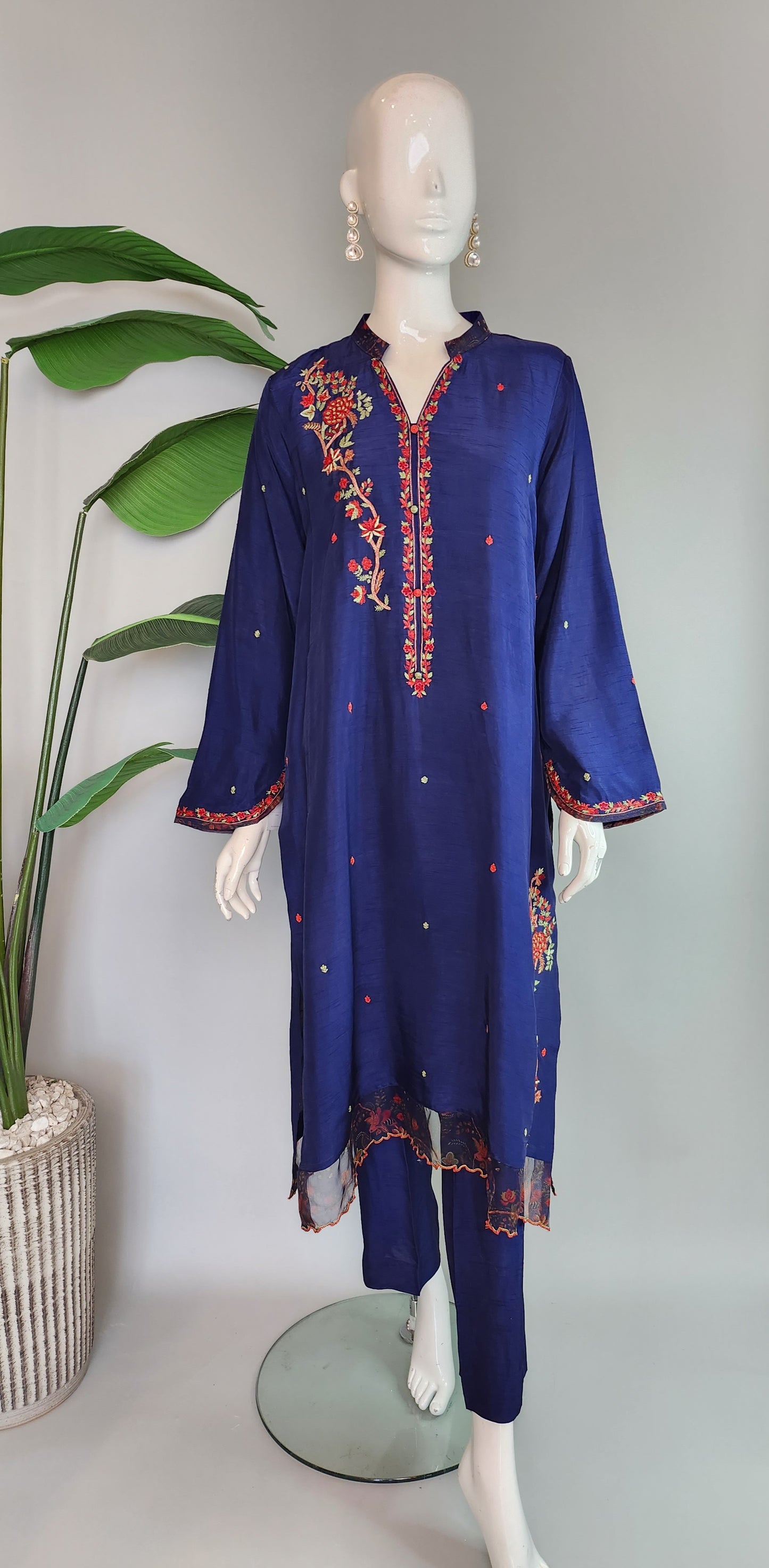 SABEEN MANEKIA - Navy Blue with Printed organza embroidery