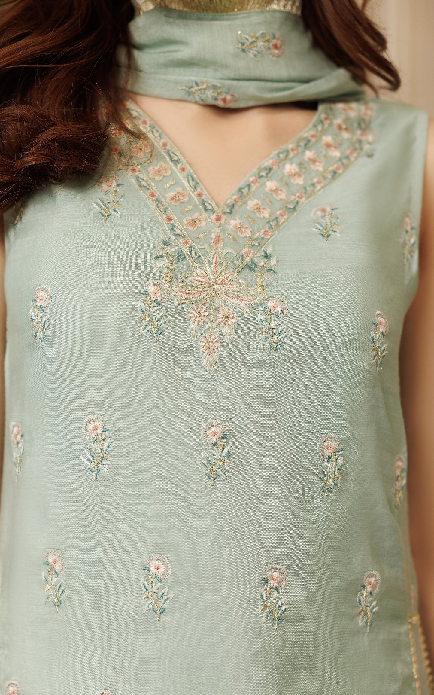 THREADS AND MOTIFS - Sea Green Sleeveless Emb 3pcs