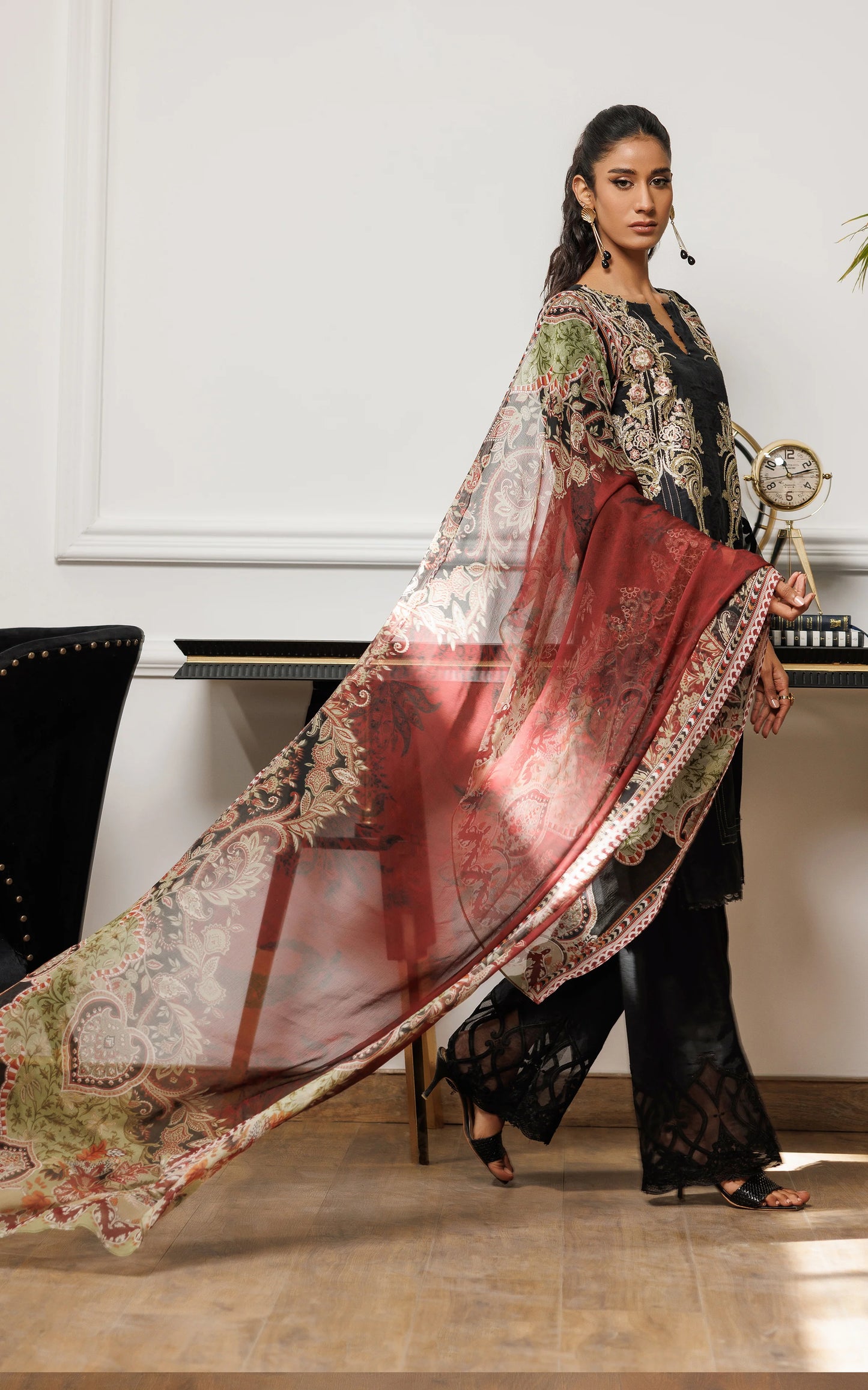 THREADS AND MOTIFS - Black embroidered with printed Dupatta