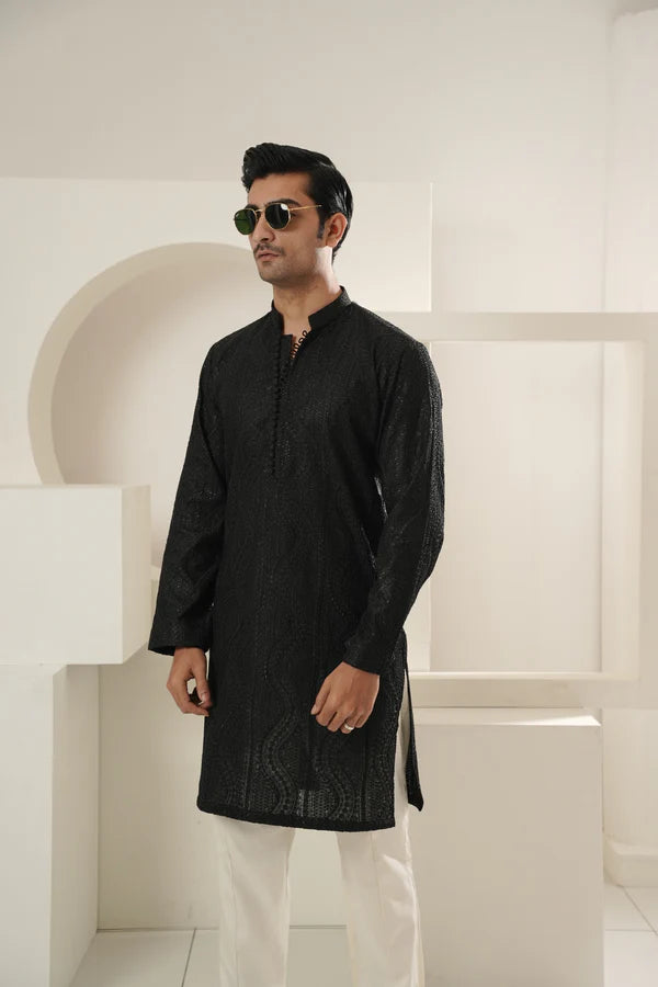 KUNZUL CHANNAR & MENSWEAR - Black Chkn Kurta