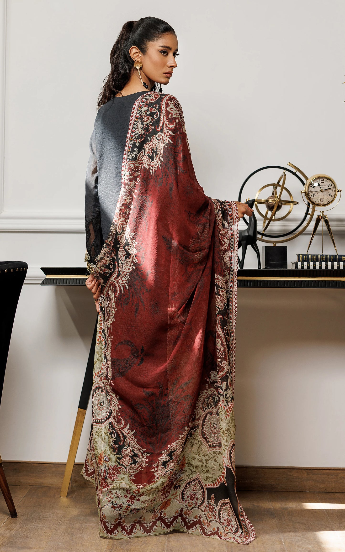 THREADS AND MOTIFS - Black embroidered with printed Dupatta