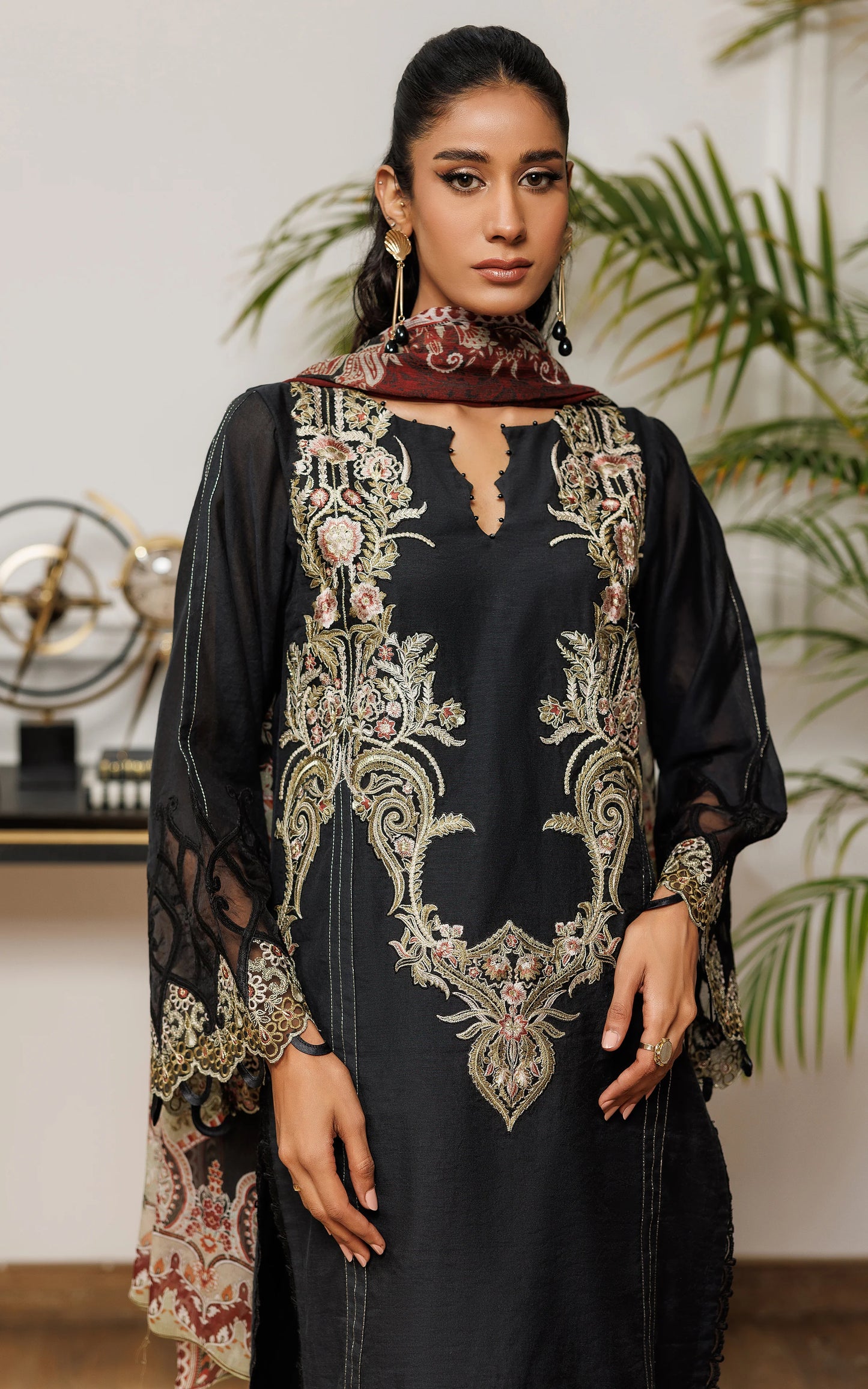 THREADS AND MOTIFS - Black embroidered with printed Dupatta