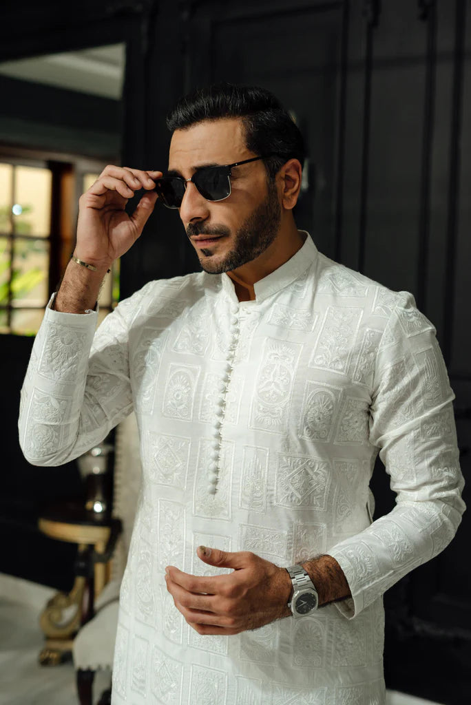 HUMAYUN ALAMGIR (MENSWEAR) - White Plain Emb