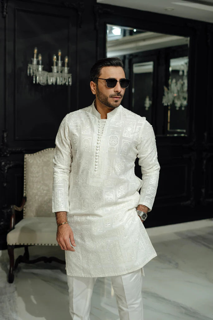 HUMAYUN ALAMGIR (MENSWEAR) - White Plain Emb