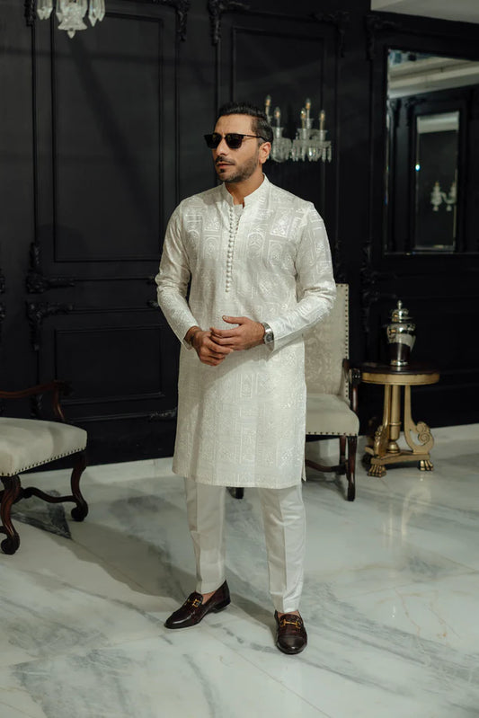 HUMAYUN ALAMGIR (MENSWEAR) - White Plain Emb