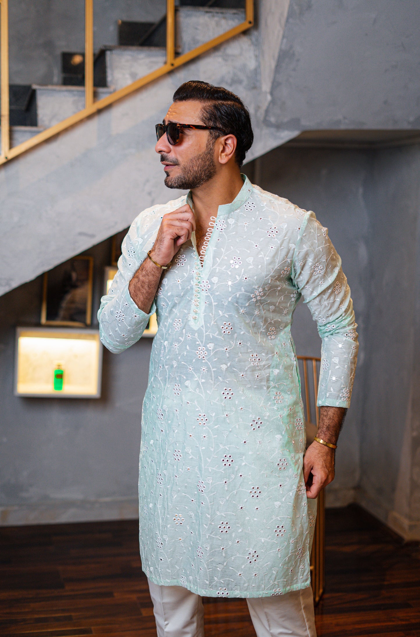 HUMAYUN ALAMGIR (MENSWEAR) -  Light Green Foil Emb