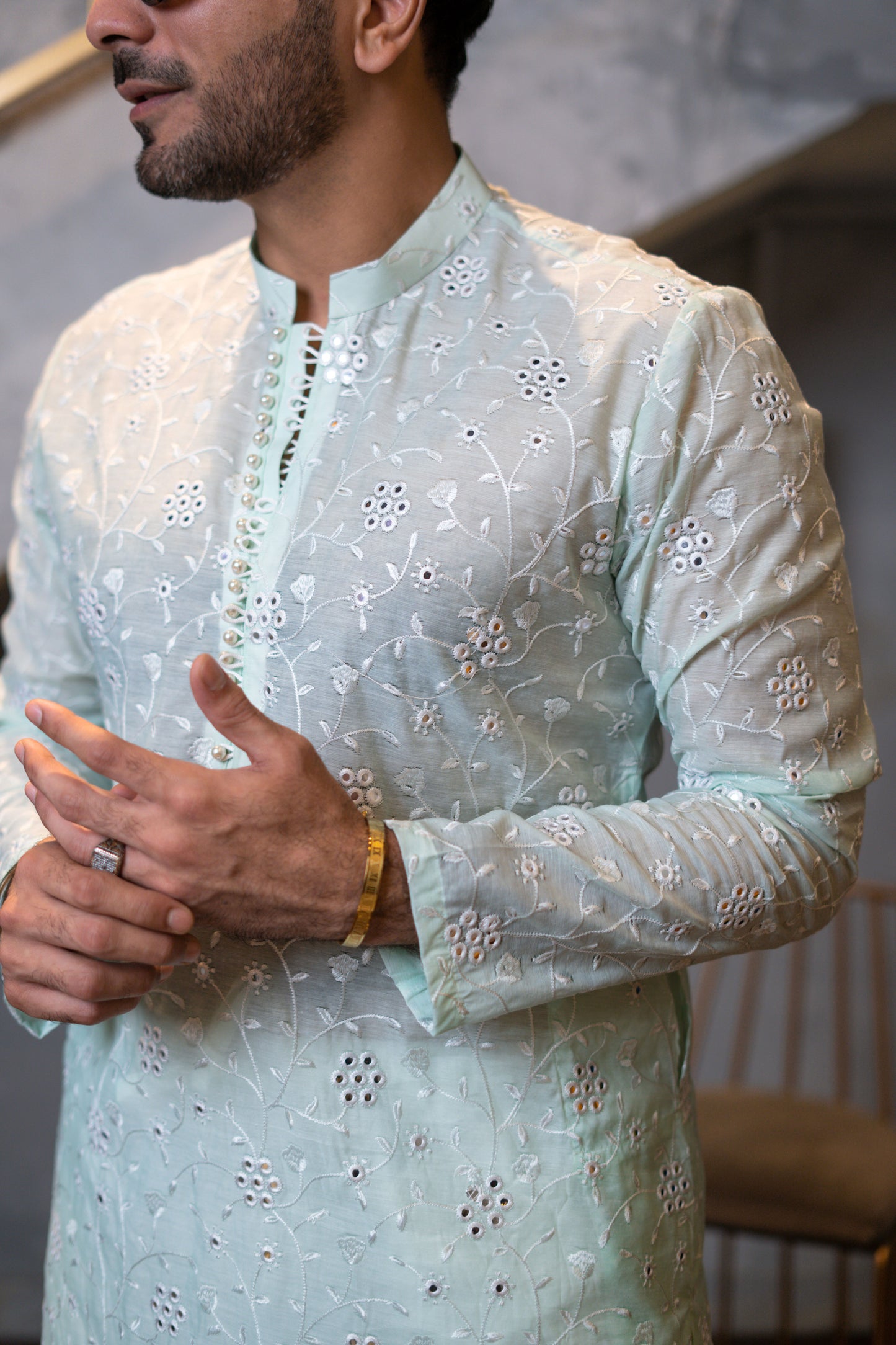 HUMAYUN ALAMGIR (MENSWEAR) -  Light Green Foil Emb