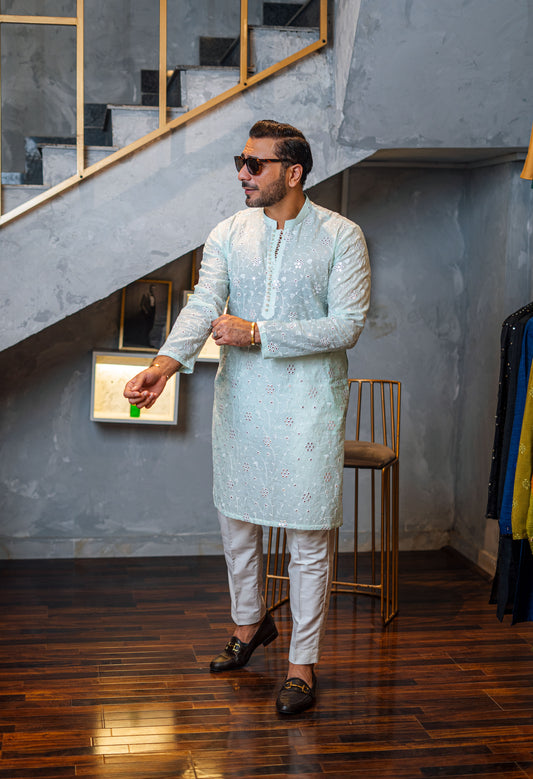 HUMAYUN ALAMGIR (MENSWEAR) -  Light Green Foil Emb