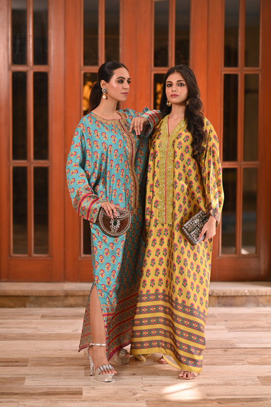 Wajeeha Ansari - Ferozi Green Printed Kaftan