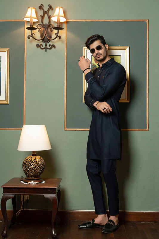 INCHI TAPE MENSWEAR - Navy Blue Textured Kurta Trouser