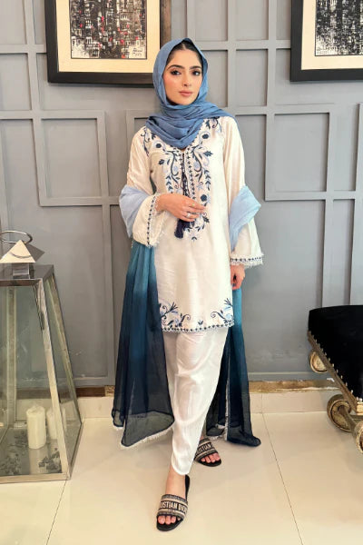 HUMAYUN ALAMGIR - White Blue Shaded Dupatta