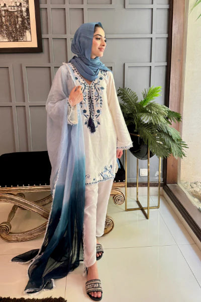 HUMAYUN ALAMGIR - White Blue Shaded Dupatta