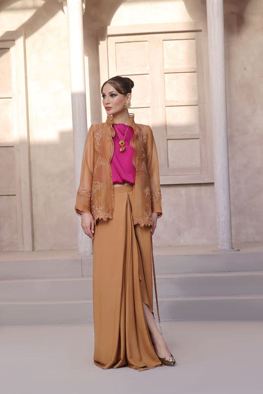 AMBREEN FARRUKH - Brown Jacket with Pink inner and Skirt